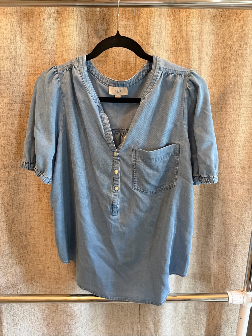 LOFT Light Blue Denim-Look Henley with Puff Sleeves